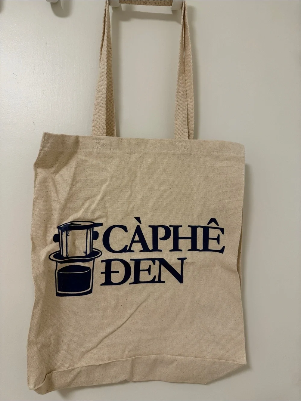 Beige Canvas Tote Bag with Navy 'CÀ PHÊ ĐEN' Print
